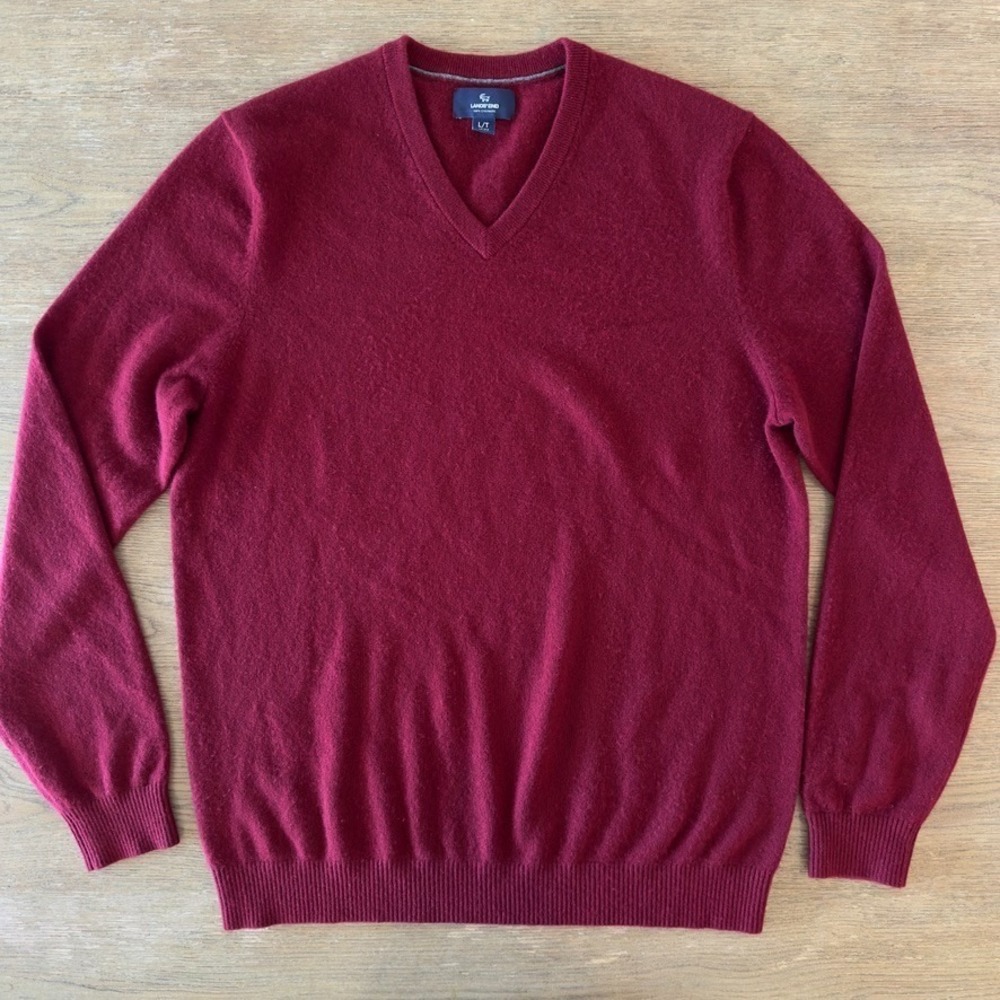 Lands End Men's 100% Cashmere V Neck Pullover Knit Sweater-Burgundy-Size Large